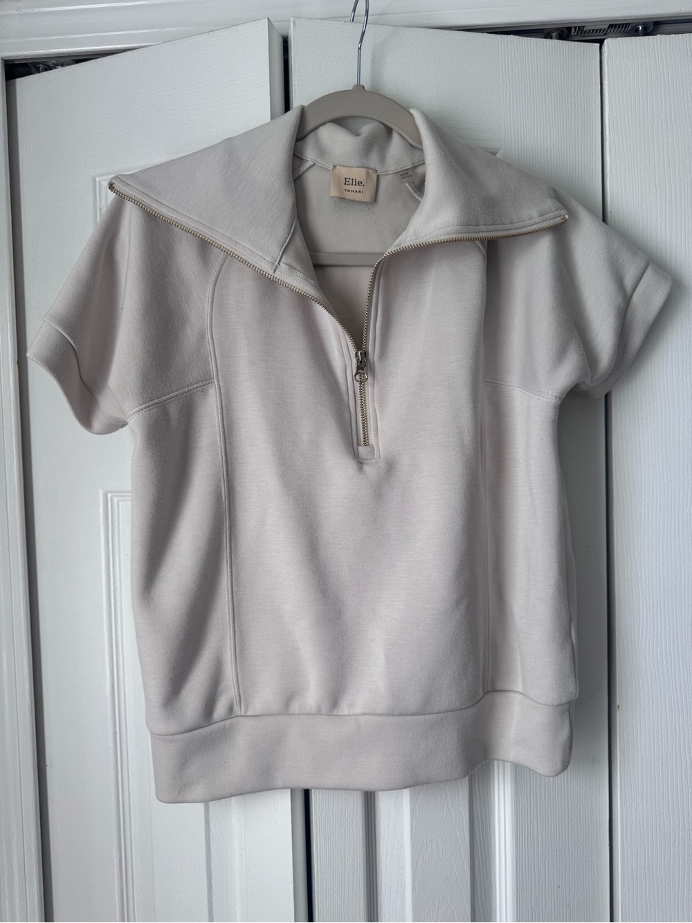 Elie Tahari Short Sleeve Quarter Zip Pullover Sweatshirt Cream Beige XS